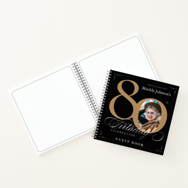 Guestbook 80th Birthday Black Gold Calligraphy Notebook (Inside)