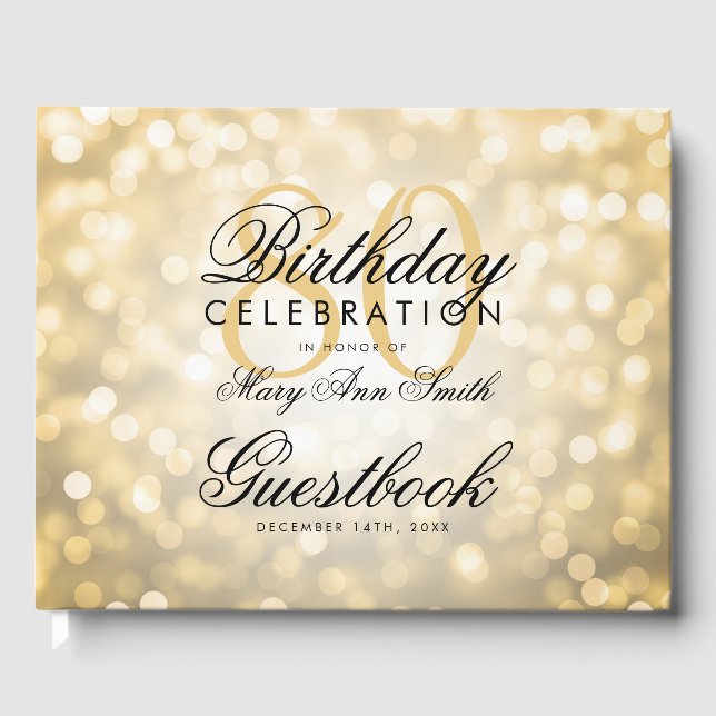 Guestbook 80th Birthday Party Gold Glitter Light (Front)