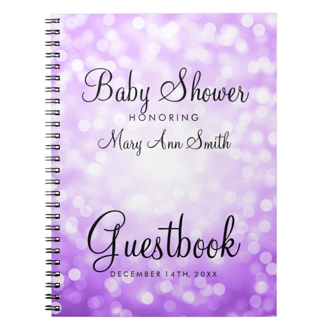 Guestbook Baby Shower Purple Glitter Lights Notebook (Front)