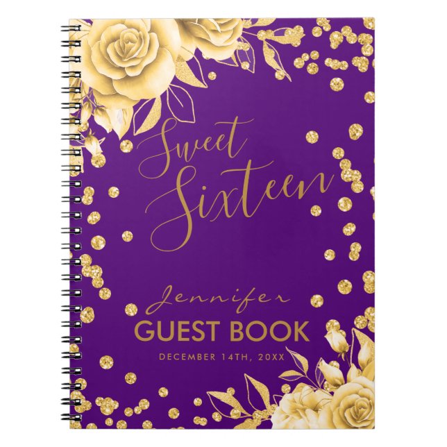 Guestbook Gold Purple Sweet 16 Glitter Floral Notebook (Front)