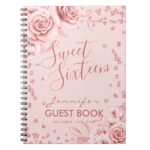 Guestbook Rose Gold Blush Sweet 16 Glitter Floral Notebook