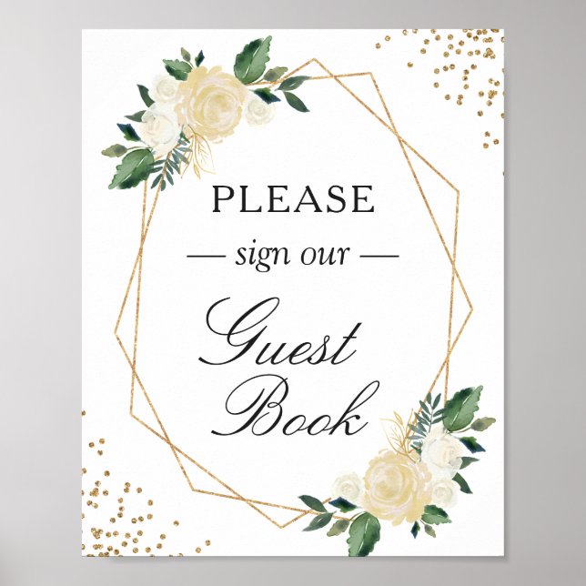 Guestbook Sign Greenery Gold Glitters Floral (Front)