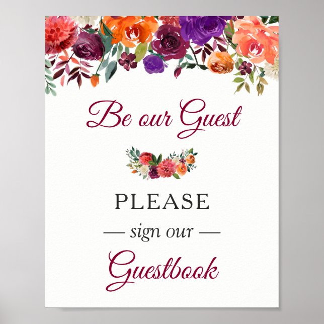 Guestbook Wedding Sign Burgundy Orange Floral (Front)