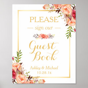 Guestbook Wedding Sign   Rustic Gold Orange Floral