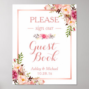 Guestbook Wedding Sign   Trendy Rose Gold Floral