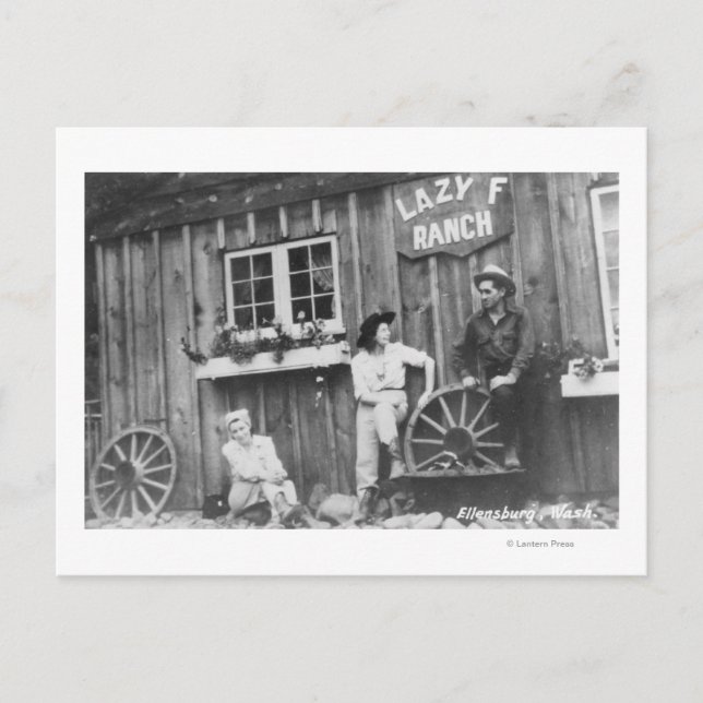 Guests Outside a Lazy F Ranch Bldg Postcard (Front)