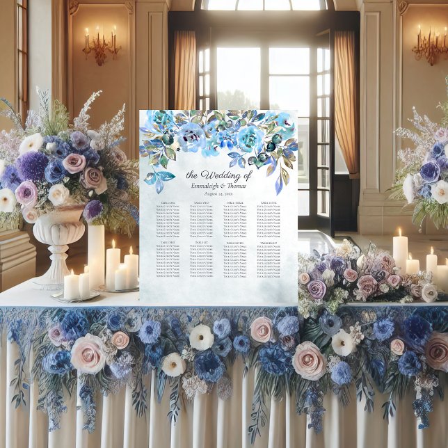 Guests Seating Chart In Love Blue Florals Pedestal Sign (Creator Uploaded)
