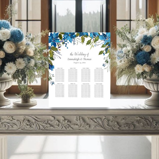 Guests Seating Chart Poinsettia Floral Turquoise Pedestal Sign (Creator Uploaded)