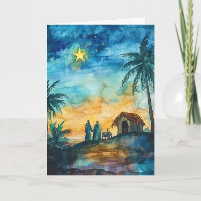 Guiding Star and Wise Men Watercolor Nativity Card (Front)