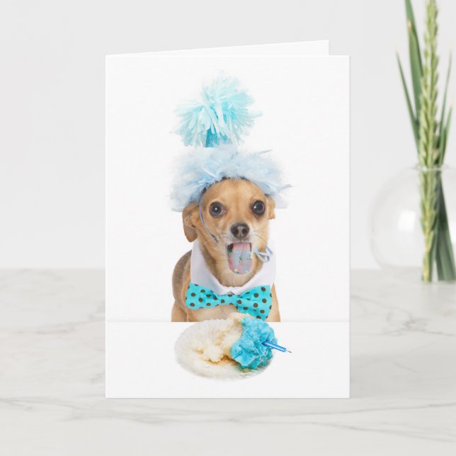Guilty Dog Eating Birthday Cake Greeting Card (Front)