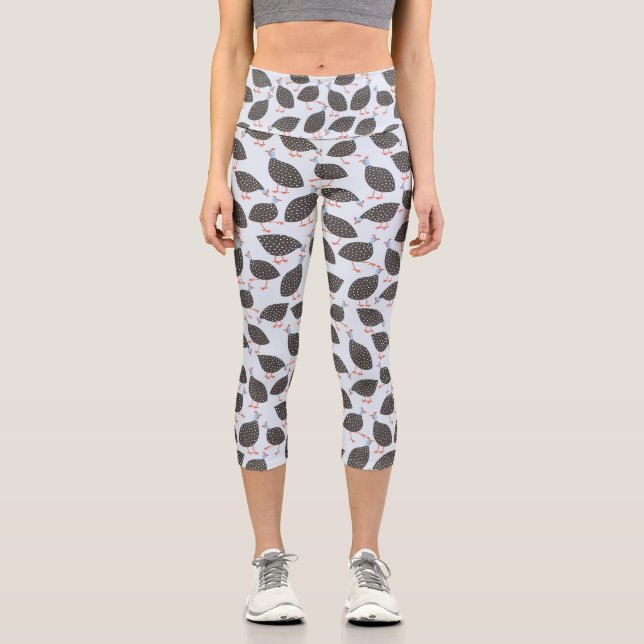 Guinea Fowl Bird Pattern Blue Capri Leggings (Front)
