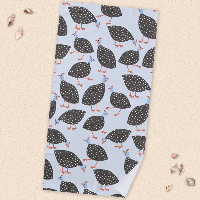 Guinea Fowl Cute Bird Pattern Beach Towel (Fun Guineafowl bird pattern beach towel)