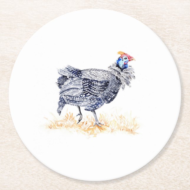 Guinea hen round paper coaster (Front)