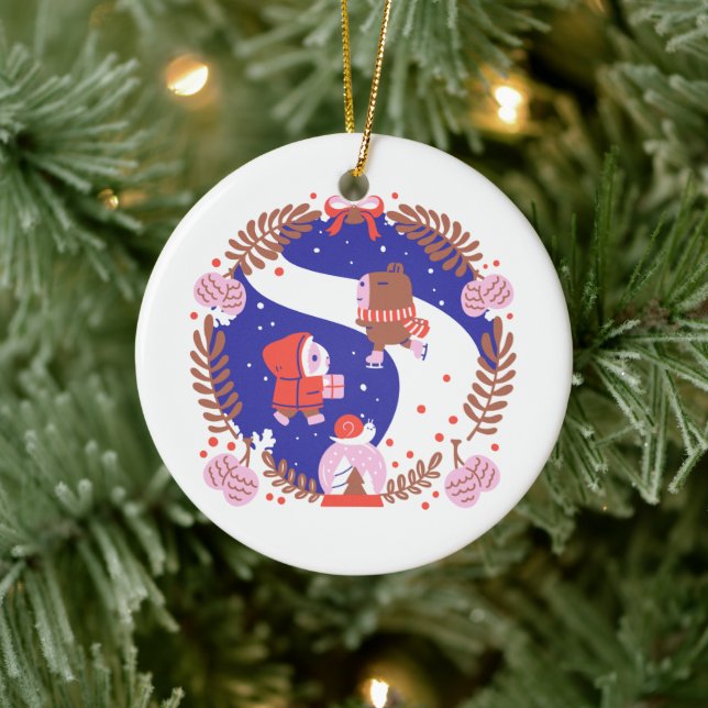 Guinea pig and capybara Winter Village Ceramic Ornament (Tree)