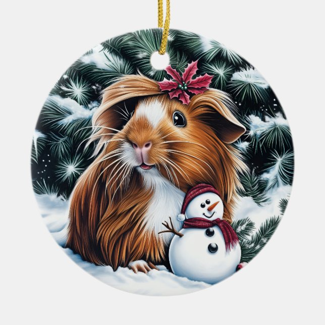 Guinea Pig and Snowman Christmas Ceramic Ornament (Front)