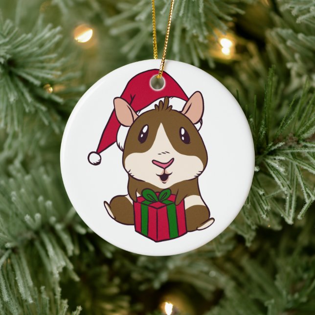 Guinea Pig Christmas Holiday Present Ceramic Ornament (Tree)