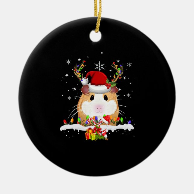 Guinea Pig Christmas Reindeer Christmas Lights Ceramic Ornament (Front)