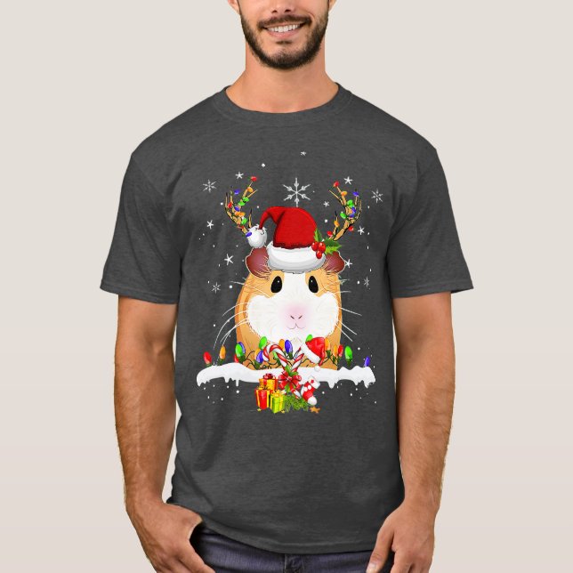 Guinea Pig Christmas Reindeer Christmas Lights T-Shirt (Front)