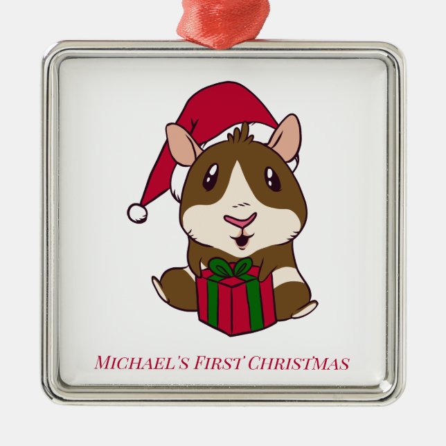 Guinea Pig First Christmas Holiday Personalised Metal Ornament (Front)