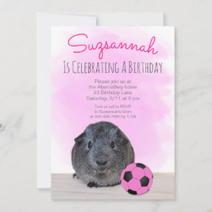 Guinea Pig Girly Pink Soccer Ball Custom Birthday Invitation