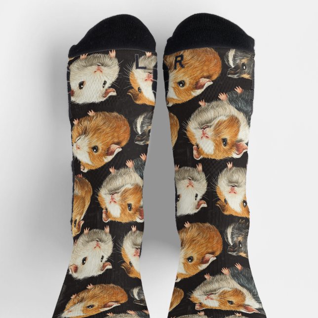 Guinea Pig Hamster Chalk Drawing Pattern Black Socks (Top)