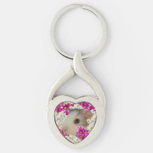 Guinea Pig In Daisies, Metal Heart Keyring