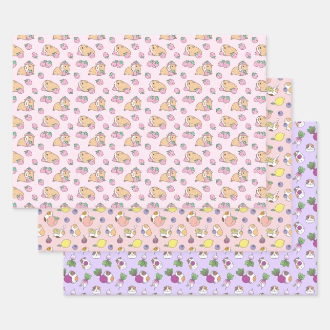 Guinea pig pattern set of three wrapping paper sheet (Set)