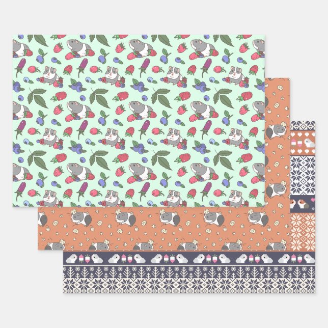Guinea pig pattern set of three wrapping paper sheet (Set)