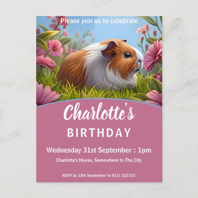 Guinea Pig & Pink Flowers Birthday Party Invitation Postcard (Front)