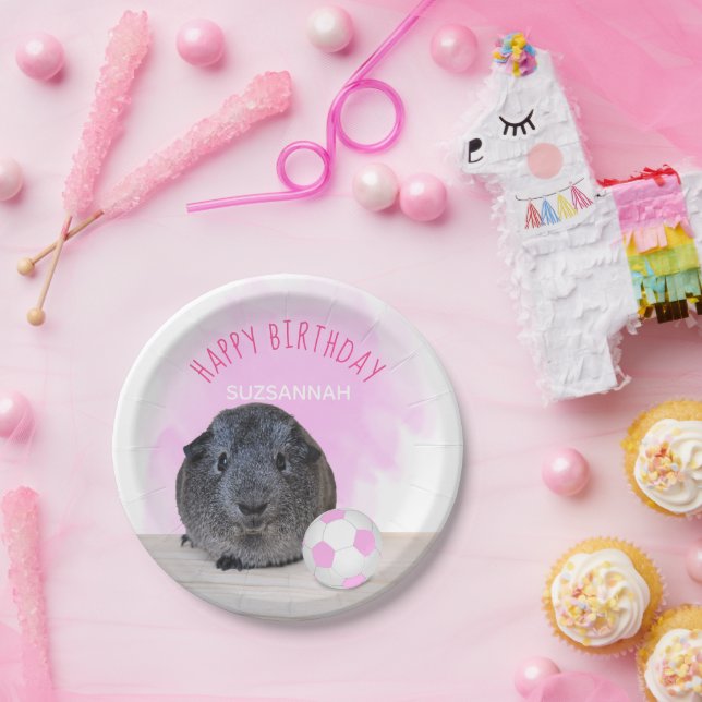 Guinea Pig Pink White Soccer Ball Custom Birthday Paper Plate (Party)