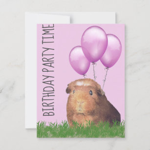 Guinea Pig Purple Balloons Custom Birthday Invitation
