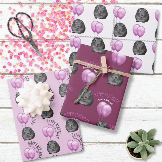  Guinea Pig Purple Balloons Custom Name Birthday Wrapping Paper Sheet (Fun guinea pig with balloon pattern gift wrap ready for your personalization or text removal.)