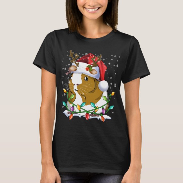Guinea Pig Santa Hat Christmas Lights Family Match T-Shirt (Front)