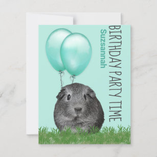 Guinea Pig Teal Balloons Custom Birthday Invitation