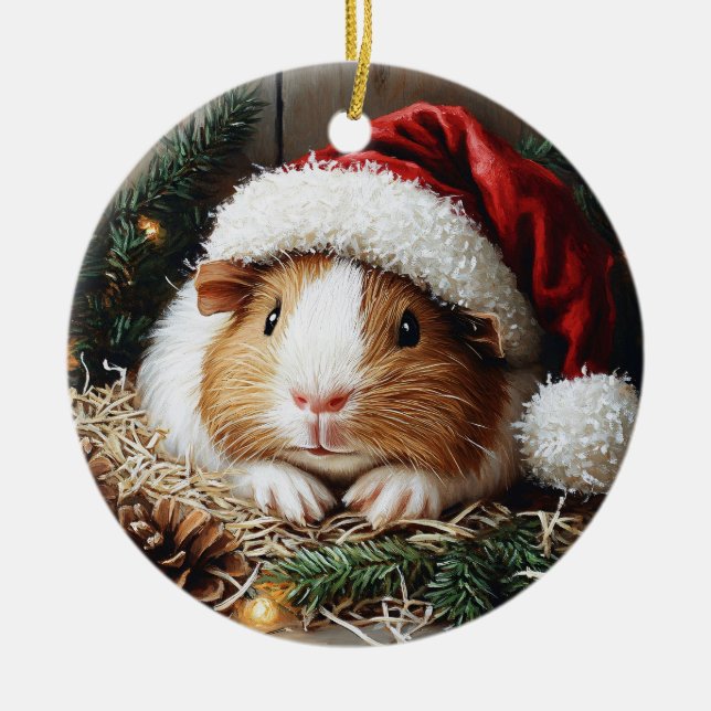 Guinea Pig Wearing a Santa Hat Ceramic Ornament (Front)