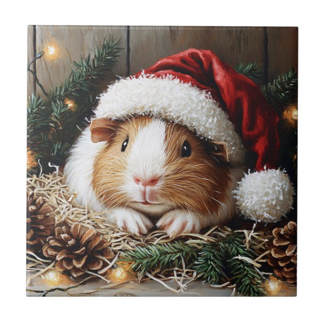 Guinea Pig Wearing a Santa Hat Ceramic Tile (Front)