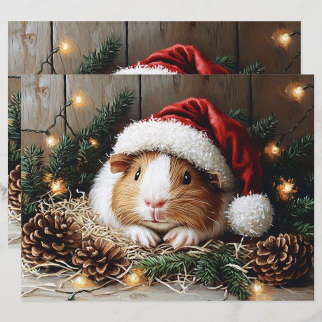 Guinea Pig Wearing a Santa Hat Scrapbook Paper (Front/Back)