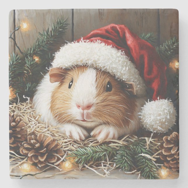 Guinea Pig Wearing a Santa Hat Stone Coaster (Front)
