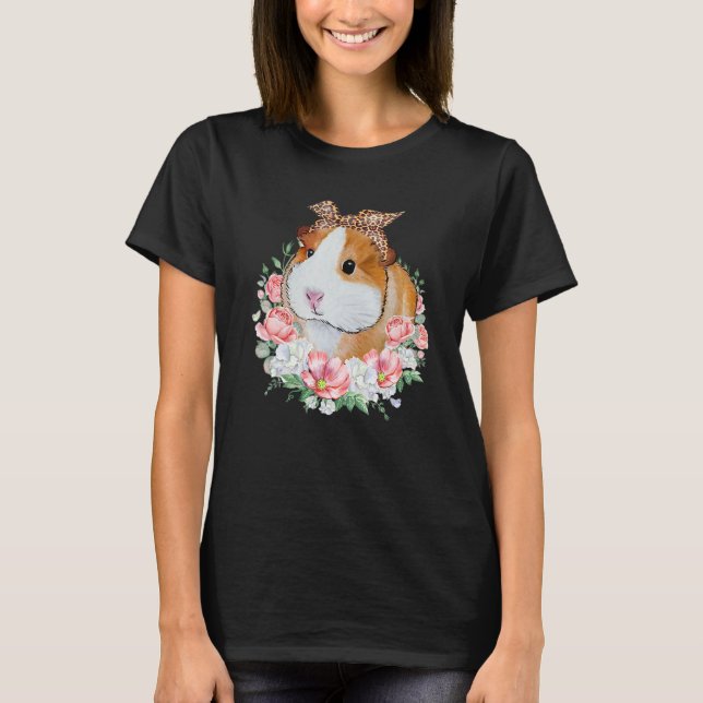 Guinea Pig With Leopard Headband Flower Guinea Pig T-Shirt (Front)