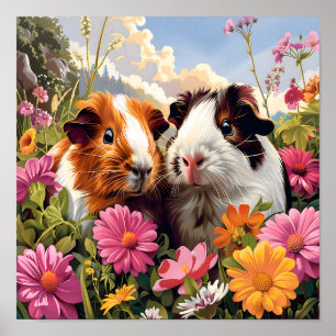 Guinea Pigs Among Wildflowers Poster