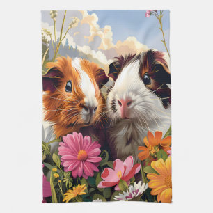 Guinea Pigs Among Wildflowers Tea Towel