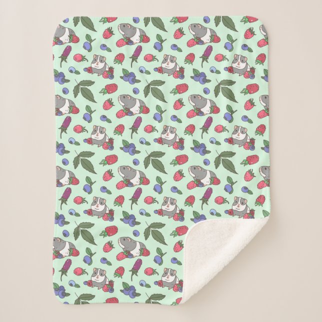 Guinea Pigs and Berries Pattern in Mint Green Sherpa Blanket (Front)