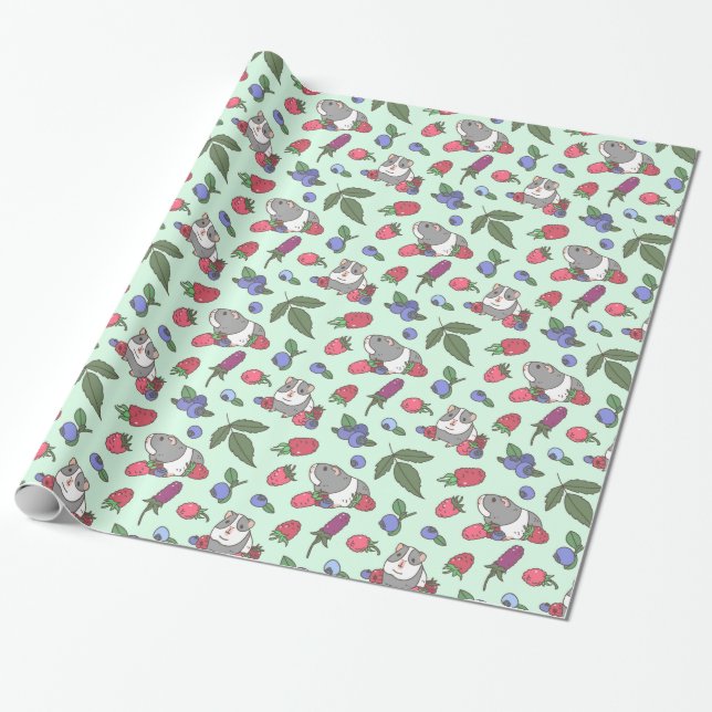 Guinea Pigs and Berries Pattern in Mint Green Wrapping Paper (Unrolled)