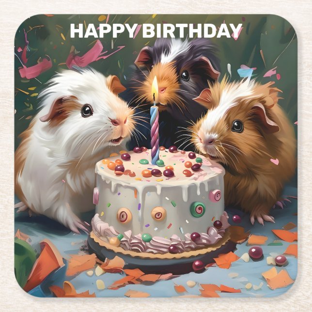 Guinea Pigs Birthday Party Square Paper Coaster (Front)