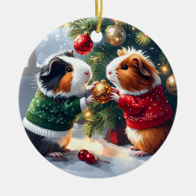 Guinea Pigs & Christmas Tree Christmas Ceramic Ornament (Front)