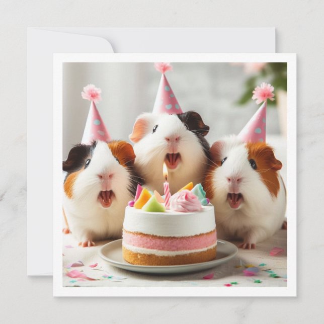 Guinea pigs eating cake, guinea pig birthday  invitation (Front)