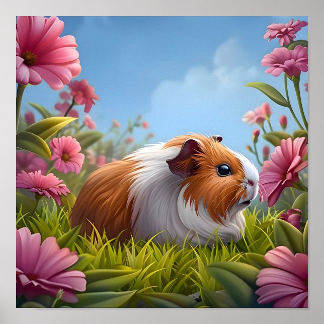 Guinea Pig's Pink Flower Paradise Poster (Front)