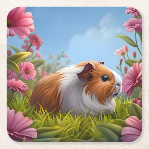 Guinea Pig's Pink Flower Paradise Square Paper Coaster