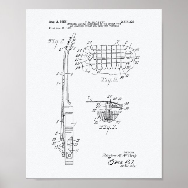 Guitar 1955 Patent Art White Paper Poster (Front)