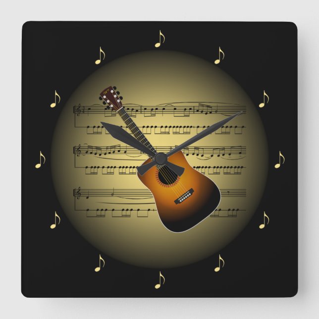 Guitar 3-D Gold Globe ~ Sheet Music ~ Black BG ~ * Square Wall Clock (Front)